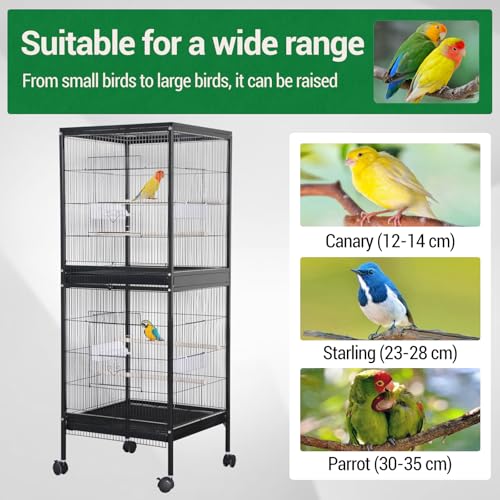 Parrot Cage, 55 Inch, 2 in 1, Cockatiel Cage, Parakeet Cage, Bird Cage with Stackable Metal Design, Slide-Out Tray & Wooden Perches, Indoor Birdcage for Canary, Lovebird, Budgie - size: 52.5*50*143cm