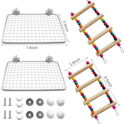 Parrot Climbing Playground Set, Stainless Steel and Wood, 2 Mesh Platforms and 2 Ladders, Modular Multi Cage Accessory for Small Parrots - color: Stainless Steel Natural Wood