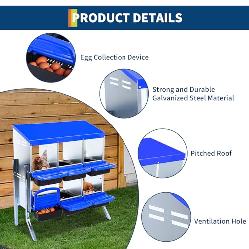 2-Tier Chicken Nesting Box, 6 Compartment Metal Nesting Box for Chickens with Waterproof Roof, Non-Slip Stable Base, Heavy Duty Chicken Laying Boxes for Hens, Poultry - color: Blue, size: 6 holes with legs