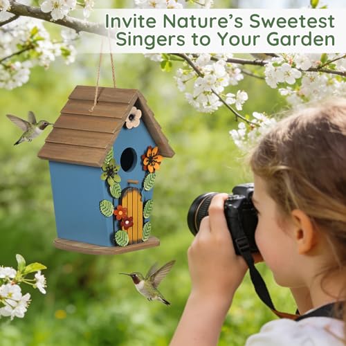 Wooden Bird Houses for Outside,Farmhouse Hanging Blue Birdhouse | Decorative Birdhouses for Outdoors,Bird Box Nest,Humming Bird House for Garden Patio Decor