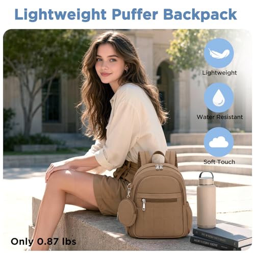 Mini Backpack for Women, Anti Theft RFID Small Travel Backpack | Compact Backpack with Built-in RFID Wallet(5 Slots) & Coin Purse, 10-Pocket Fits 11" Tablet, Puffer Nylon, Daily & Work - color: Coffee Brown