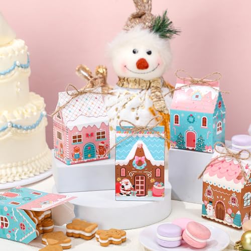 Zhanmai Christmas Treat Boxes Candy Gingerbread House Mini Christmas Party Favor Box Small Paperboard Gift Container for Xmas Holiday Party Treat Cookie Goodie Snack Gift Packaging - style: Pastel House