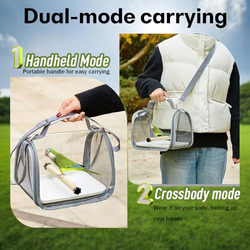Portable Bird Travel Carrier with Breathable Mesh Windows Hands Free Bag | Parrot Backpack for Vet Visit Shopping Hiking, Clear View Small Pet Cage with Easy Clean Removable Tray and Perch - color: Gray
