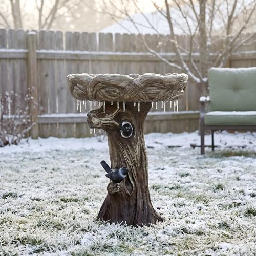 watnature 23” Tall Fibre Reinforced Concrete Birdbaths with Birds for Patio, Woodland Tree Trunk Decorative Outdoor Bird Bath for Garden，Pedestal Birdbaths for Outdoors, Garden, Patio, Lawn, Backyard - color: Faux Wood With Bird, size: 17.7dia. x 23H