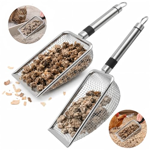 Chicken Poop Scooper 2 Pack, Stainless Steel Coop Scoop, 3.8mm & 5mm Mesh | 4-inch metal rake and scoop cleaning tools sift chicken poop, sand, litter and bedding for faster daily coop cleanup