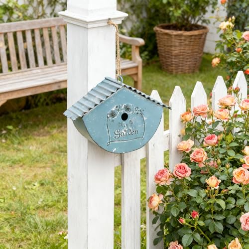 Vintage - Style Decorative Birdhouse, Rustic Metal Bird House with My Garden Distressed Finish, Hanging Bird Home for Garden and Outdoor Decor - color: Blue - Garden