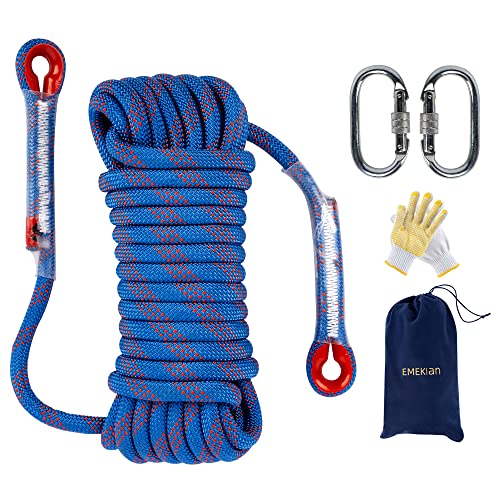 Indoor Outdoor Climbing Rope, 10/12/14mm (32FT/49FT/65FT/98FT) Static Rock Climbing Rope for Escape Rope, Ice Climbing Equipment, Fire Safety Rescue Rope, with Non Slip Gloves - color: Blue, size: 14mm/49ft