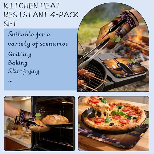 Kitchen Mitts Set,Grape Wine Bottle Oven Mitts and Pot Holders Sets,Thick Cotton Heat Resistant Farmhouse Barrel Hot Pan Holder Extra Long Cooking Mitts for Cooking Baking Grilling BBQ Bakeries - color: Grape Wine Bottle