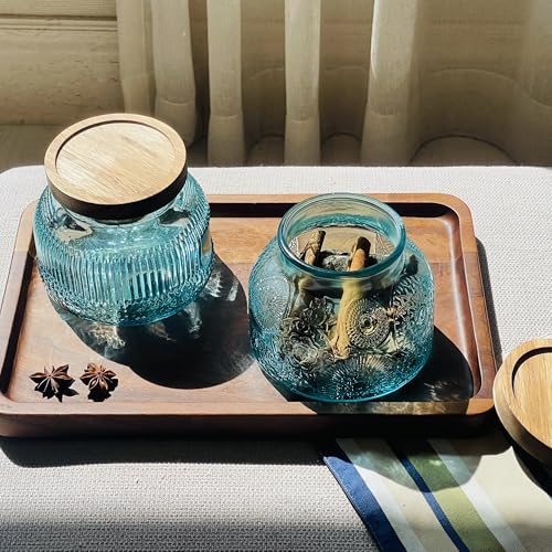 Decorative Blue Glass Jars with Airtight Wooden Lids 2 pack, 25.4 fl. oz | Wide mouth vintage storage canister, kitchen pantry bathroom organization, coffee sugar tea cookie candy candle vase gift - size: 25.4 Ounces, style: Blue 2pc