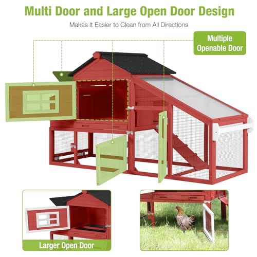 GUTINNEEN Chicken Coop Mobile Chicken House On Wheel Outdoor Rabbit Hutch for 2-4 Chickens 67"(Red) - color: Red