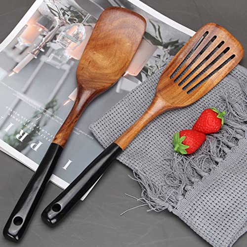 Wooden Spatula Set for Cooking Spoon Non Toxic Teak Kitchen Utensils Turner | Flat Wood Wok Spatula Bamboo Spoon for Cooking Utensil Set Spurtle Scraper Slotted Pancake Turner Fish Egg Flipper Spatulas - color: 2Pcs-Black