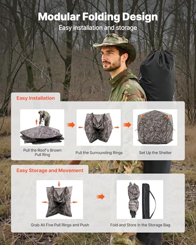VEVOR Hunting Blind，See Through Ground Blinds with Carrying Bag, 360 Degree Portable Camouflage Tent，Durable Concealed Shelter with Silent Side Door and Window, for Turkey and Deer - size: 6-7 Person（288° See Through ）