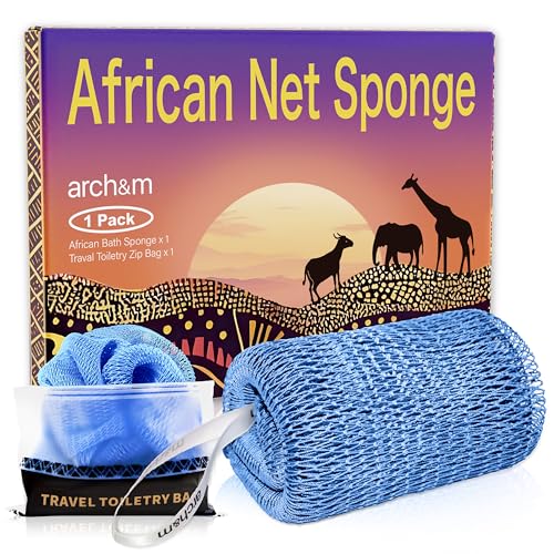 ARCH&M African Net Sponge Authentic Exfoliating Body Scrub Bath Sponge | Back Scrubber, Washcloth for Shower, Travel Toiletry Bag, Real Afroscrub Exfoliator, Bathing Accessories - color: Sky Blue