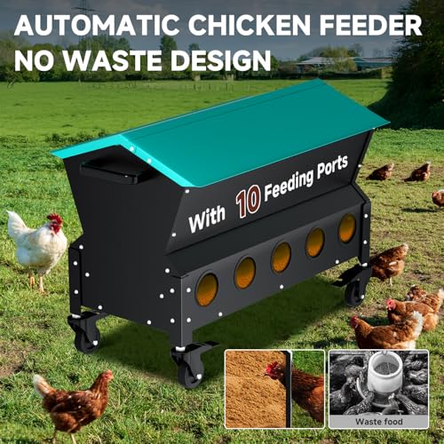 Heavy Duty Chicken Feeder 120 lbs Large Capacity, Metal Automatic Poultry Feeding Box with Waterproof Lid, Raised Standing Feeder with Wheels for Hens & Roosters, Portable & Easy to Move