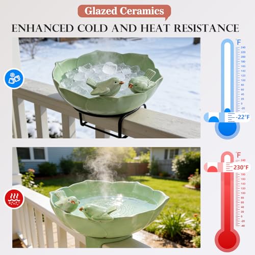 Glazed Ceramic Bird Bath Bowl for Outdoor Ground, UV/Frost-Resistant | 10.1" Birdbath and Feeders for Outside, Garden Table Top Bird Baths, Patio Yard Decor, Easy to Maintain, with Texture, Green - color: Light Green