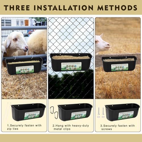 6 Pack Fence Feed Feeder 4.5 Quart Hanging Chicken Feeder Trough with Brush & Scoop Black Goat Hanging Fence Feeders Feeder with Hooks Screws & Zip Tie for Livestock Feeding Container Goats Supplies - color: Black, size: 6 Pack