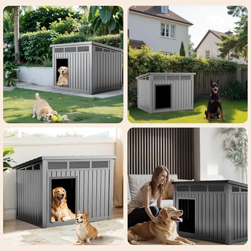 Outdoor Dog House Waterproof,Indoor Outdoor Doghouse for Small to Large Dogs,Dog Kennel with Air Vents and Elevated Floor,Easy to Assemble and Clean(Grey 42.87 * 32.95 * 31.61inch) - style: Grey