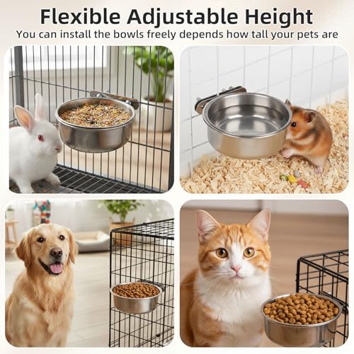 Pet Cage Bowls, 2 Pack Stainless Steel Pet Hanging Bowl, Bird Food Water Bowl for Cage, Crate Dog Bowl, Parrot Feeding Cups for Chinchilla Finches Puppy Cat Rabbit Guinea Pig
