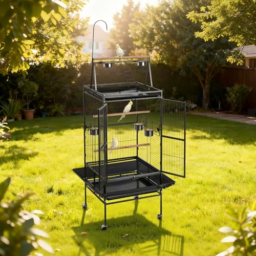 VEVOR Bird Cage, 32.7 x 31.1 x 82.7 inch, Open Flat Top, Wrought Iron Bird Flight Cage with Perches, Slide-Out Tray, Plastic Feeders, for Cockatiel, Monk Parakeet, Amazon Parrot, African Grey Parrot - size: 32.7"L x 31.1"W x 82.7"H