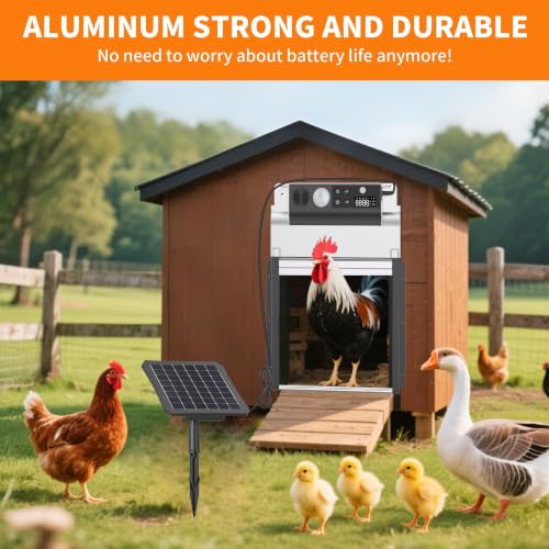 Automatic Chicken Coop Door, Solar Powered Roll-Up Chicken Door with Light Sensor, Timer & Manual Mode, 2500mAh Battery, Aluminum Frame, Anti-Pinch, Waterproof, Chicken Coop Size:9.3''x8.3''