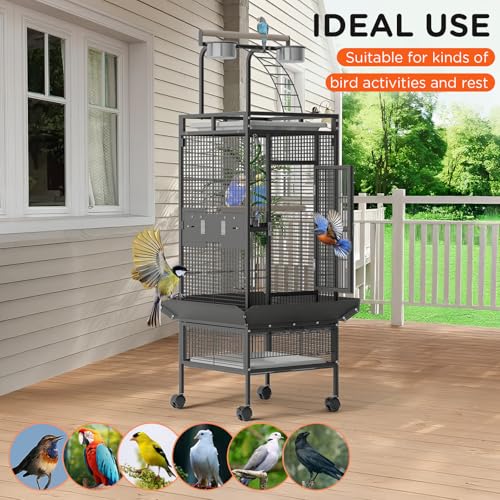 Garvee 60 inch Large Bird Cage with Rolling Stand, Metal Parrot Cage with Play Top & 4 Stainless Steel Bowls, Birdcage Pet House for Conure Cockatiel Parakeet Lovebird, Black | Play Top & 4 Stainless Steel Bowls, Rolling Birdcage Pet House for Conure Cock