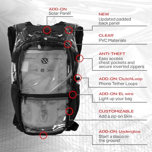 RAVERUNNER® Anti-Theft Hydration Backpack | Festival Approved Rave Backpack for Concert Goers, Leak-Free Festival Water Backpack for EDC, Rave Hydration Pack - color: Clear/Transparent
