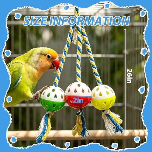 Bird Foraging Ball Toys with Rope, Parrot Feeder Toys for Conures Parakeets Cockatiel, Foot Talon Chewing Training Rattle Bell Balls Parrot Cage Toys (Medium, Ordinary)