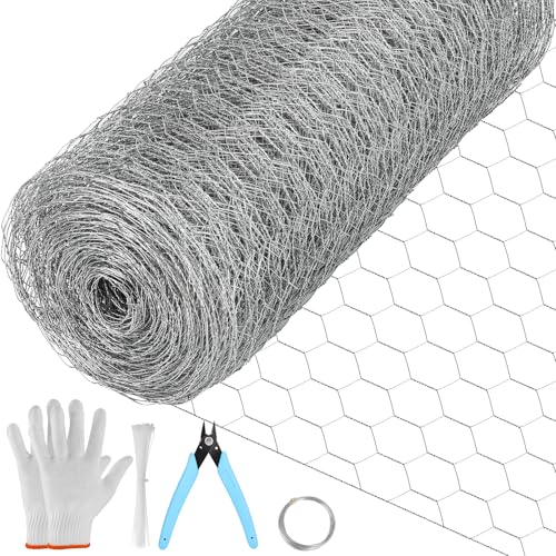 Floral Chicken Wire for Craft, 15.7 Inch x 75 FT Lightweight Galvanized Hexagonal Chicken Wire Netting, Silver Chicken Wire Fence for Garden Poultry Chicken Wire Mesh with Gloves, Wire Ties, Plier - size: 15.7 Inch x 75 FT