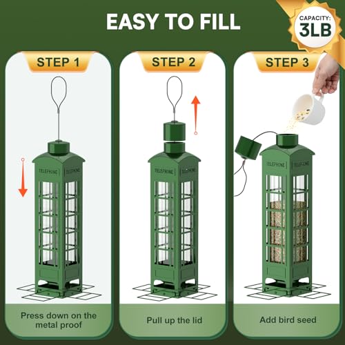 Bird Feeder Squirrel Proof with Weight Activated Perches,Metal Balcony Bird Feeders for Outdoor Hanging,Mesh Wild Birds Seed Feeder for Outside,Cardinal, Finch Blue Jay Woodpecker,3LB Capacity - color: Green