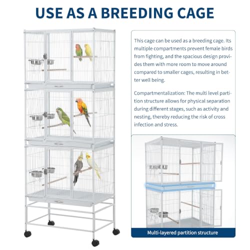 TrailBlaze Heavy Duty Large Bird Cage - 74 Inch Stackable Aviary with 3 Dividable Compartments, Removable Trays, Spacious Flight Enclosure for Parakeets, Cockatiels, Conures, Finches, Easy Clean - color: White