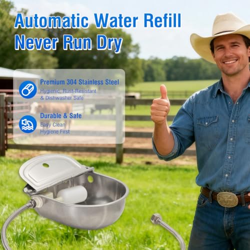 2-Pack Automatic Livestock Waterer, 304 Stainless Steel Auto Fill with Float Valve, Drainage Hole & Baffle, with 39" Hose (3/4"), Wall/Floor Mount, for Dogs, Chickens, Horses, Goats, Pigs