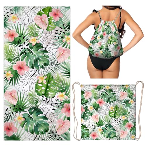2 in 1 Beach Towel Bag Green Tropical Leaf Beach Backpack Towel - color: Tropical Leaves Green