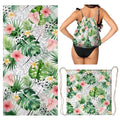 2 in 1 Beach Towel Bag Green Tropical Leaf Beach Backpack Towel - color: Tropical Leaves Green