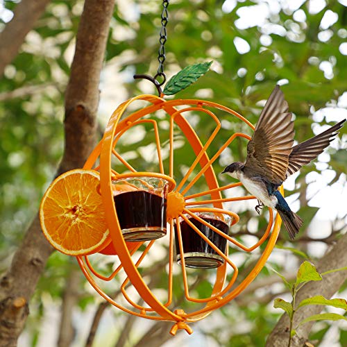 FORUP Oriole Bird Feeder for Outdoors Jelly and Oranges, Orange Fruit Oriole Jelly Bird Feeder, Outdoor Garden Metal Hanging Drinking Grape Jelly Container Hummingbird Feeder