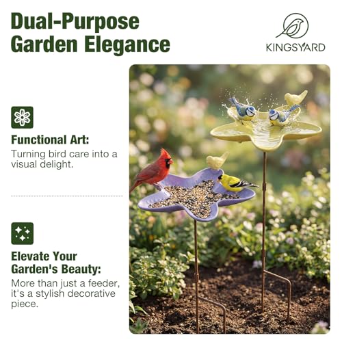 Kinsgyard 2 Pack Free Standing Tray Bird Feeders with Adjustable Pole, Wild Bird Bath for Outdoor Garden Yard Decor, Large Seed Capacity, Easy to Clean and Refill, Yellow & Purple - color: Yellow & Purple