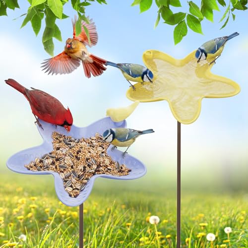 Kinsgyard 2 Pack Free Standing Tray Bird Feeders with Adjustable Pole, Wild Bird Bath for Outdoor Garden Yard Decor, Large Seed Capacity, Easy to Clean and Refill, Yellow & Purple - color: Yellow & Purple