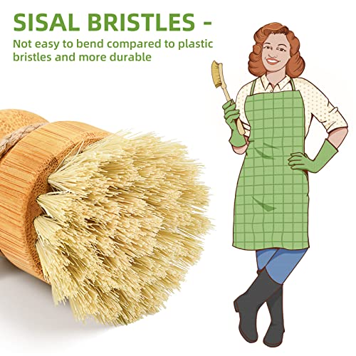 SUBEKYU Bamboo Dish Scrub Brush,Vegetable Brush,1 Pack with Ceramic Holder | Produce Brush,Natural Sisal Bristles,Kitchen Wooden Cleaning Scrubbers Set - color: Ceramics Base + Sisal Brush, 1p