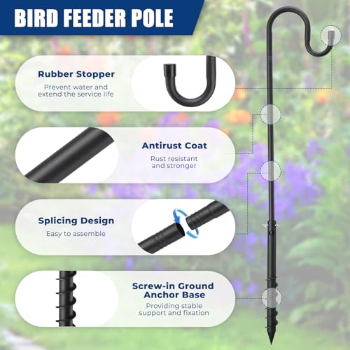 Bird Feeder Pole, 108" Shepherds Hooks for Outdoor with Anchor Base for Hanging Plants, 4/5 Inch Diameter Metal Shepherd Hook Hanger Stick for Hanging Bird Feeders, Wind Chimes