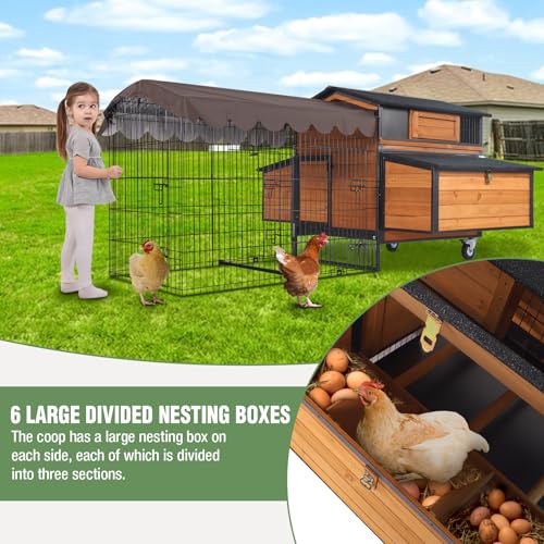 Portable Chicken Coop with All-Around Metal Frame & Super Large Wheels, 76.7" L Hen House with Metal Run, Mobile Poultry Cage with 6 Nesting Boxes for 6-8 Chickens