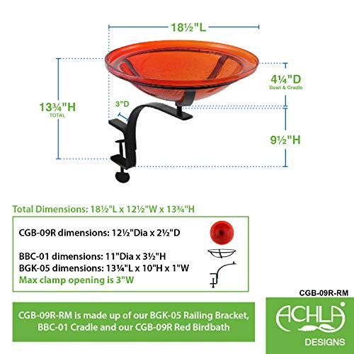 Achla Designs CGB-09R-RM 12 Inch Red Crackle Rail Mount Bracket Birdbath - color: Red