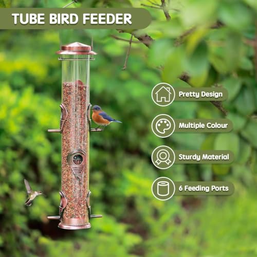1PK Metal Wild Bird Feeder,Squirrel Proof Bird Feeders for Outside,Hanging 6 Port Tube Bird Feeder,Finch Bird Feeder for Attracting Birds in Your Lawn, Garden, Balcony-Antique Copper - color: Antique Copper