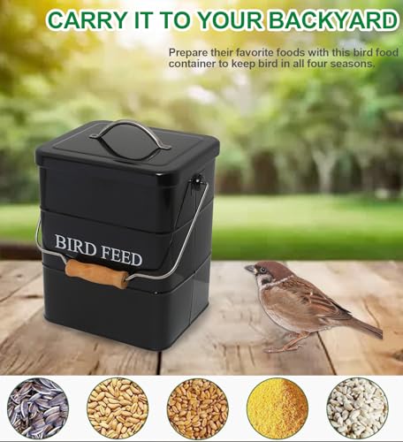 Bird Seed Storage Container Airtight,5~6LB Metal Bird Food Container with Scoop,Wild Birds Feed Tin for Storing Sunflower Seed-Ideal for Outdoor or Indoor-Squirrel proof -Black - color: Black