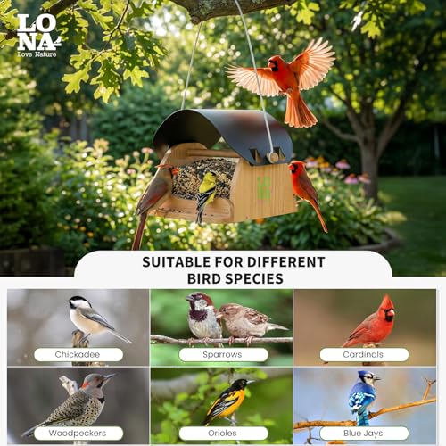 LONA Wooden Bird Feeder for Outdoors Hanging, Large Capacity Wood Birdfeeder for Feeding Outside Garden Unique Wild Bird Feeder House for Cardinals Finches Sparrow Chickadees