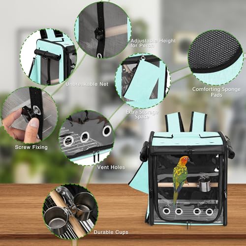 Bird Carrier with Seat Belt for Car Travel, Bird Backpack Carrier with Indestructible Stainless Steel Mesh, Large Bird Carrier Travel Cage, Green - color: Green, size: 13.5"L x 10.0"W x 15.5"H