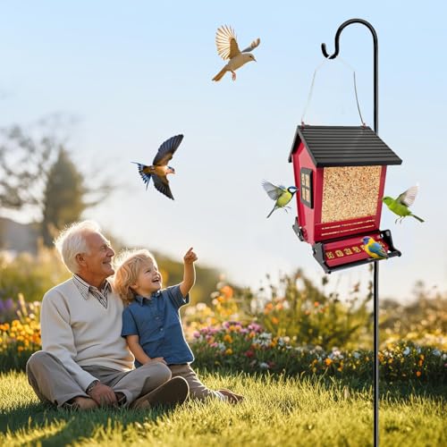LSCQYYCCSquirrel Proof Bird Feeders for Outdoors Hanging, 5LB Capacity Metal Wild Birdfeeders Outside Hanging,Large Feeder that Attracts Cardinals, Chickadees, and More Birds-One in red ﻿ - color: red