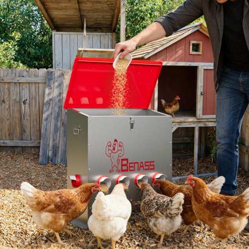 150LB Automatic Chicken Feeder, No-Waste Metal Poultry Feeder with 6 Ports, Predator-Proof Latch & Weatherproof Design, Includes Anti-Tip Ground Stakes & Vegetable Hanging Feeder - size: 150LB-6 Ports
