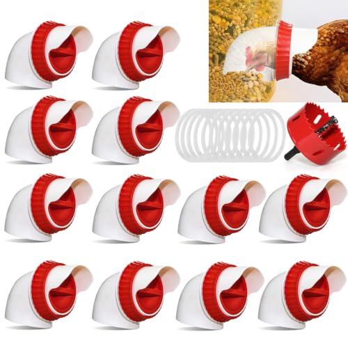 12PACK No Waste Chicken Feeder Ports - DIY Chicken Feeder Kit with Hole Saw - Chicken Feeder Cups for Bucket,Barrels,Bins,Troughs - size: 12 port with holesaw