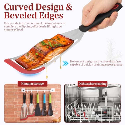 2 Pcs Silicone Fish Spatula Heat Resistant Silicone Edge for Nonstick Cookware Fish Turner for Use Flexible and Thin Stainless Steel Cooking utensil Ideal Slotted Spatula for Egg Pancake