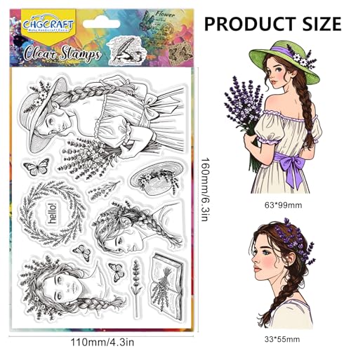 CHGCRAFT Lavender Woman Clear Stamps Female Transparent Stamps Flowers Silicone Clear Stamp Seals for DIY Scrapbooking Photo Album Decoration, 4.3×6.3 inch - style: Lavender Woman