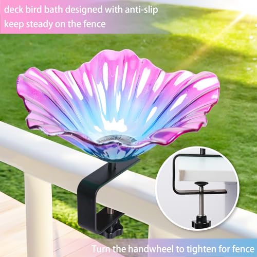 Deck Mounted Bird Baths for Outdoors, Glass BirdBath Bowl for Garden | Purple Glass Bird Baths Bowl with Adjustable Sturdy Steel Fence Clamp for Garden Patio Lawn Yard Deck Balcony Railing - color: Purple